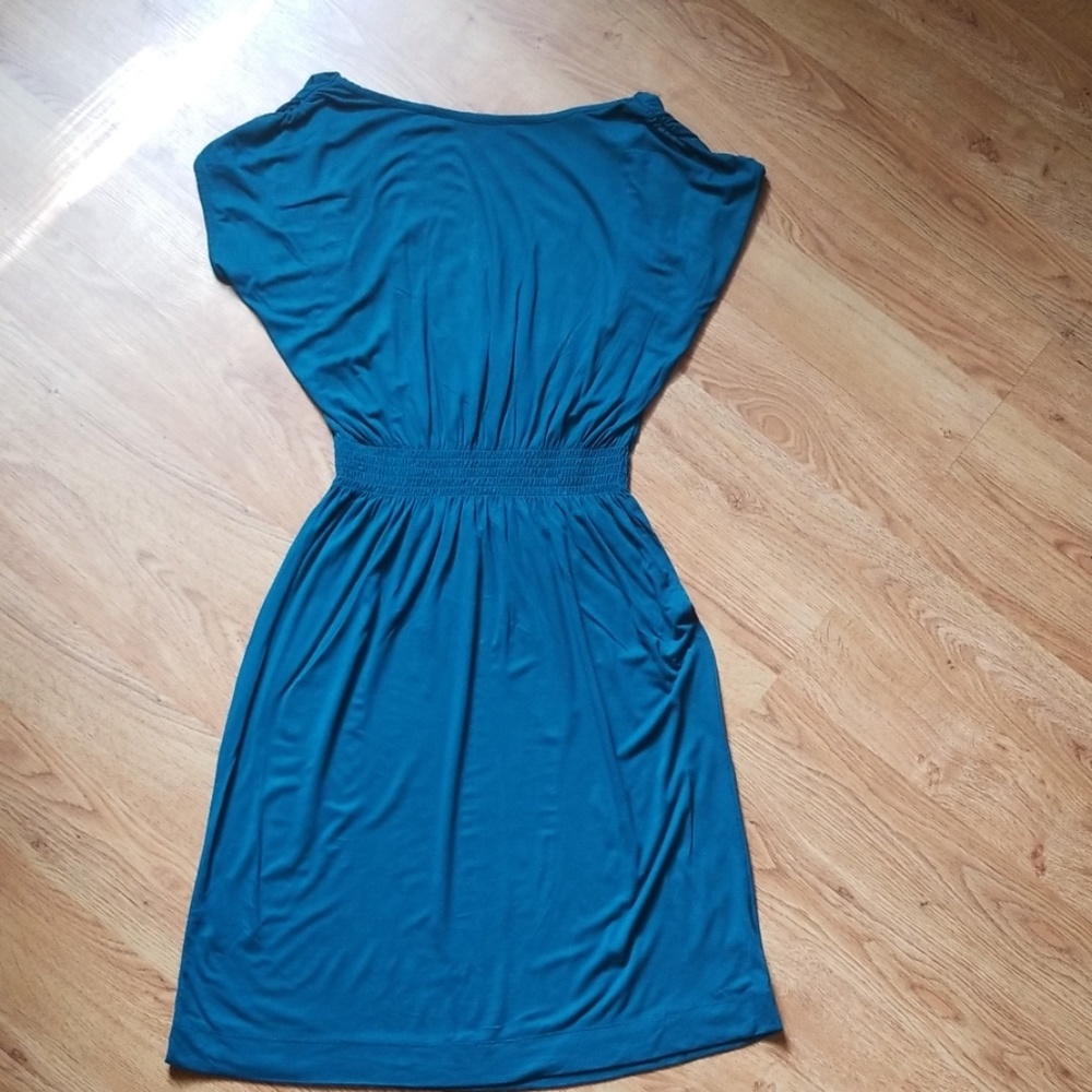 Cowl Neck Teal Jersey Dress - Size Meduim